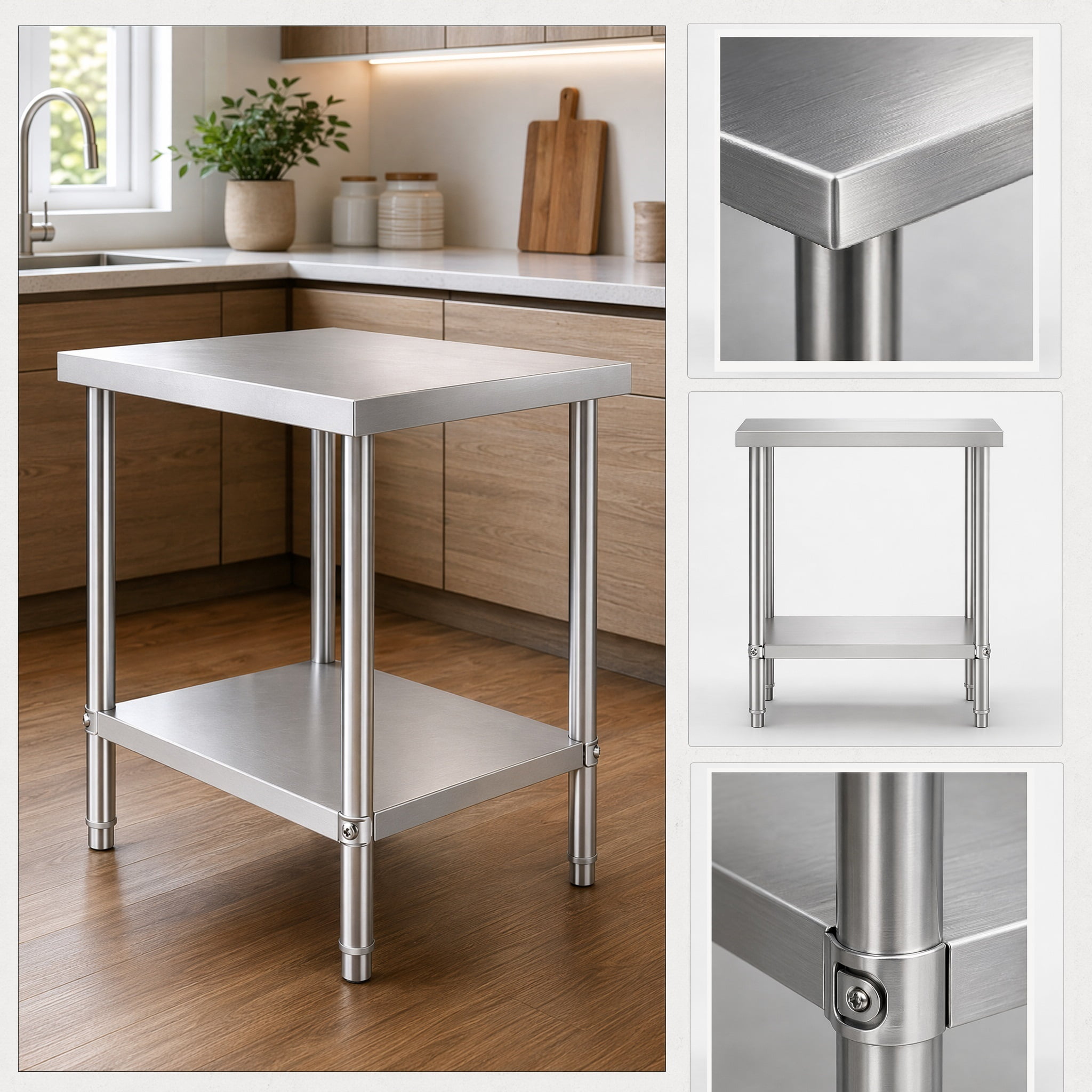 GARITIN 24 x 24 Inch Commercial Work Table, Stainless Steel Kitchen Prep Table with Under Shelf for Restaurant & Home, Silver
