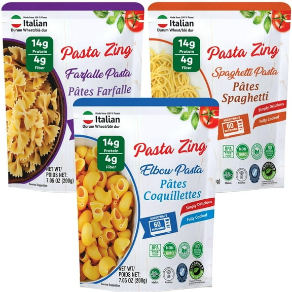 Pasta Zing Microwavable Variety Pasta Pack of 7 | 2x Elbow | 2x Farfalle, 3x Spaghetti | Ready To Eat in 60 Sec - Fully Cooked - 7.05 Ounce