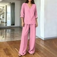 thumbnail image 4 of sdhkgrrt Women's Plus Size 2 Piece Pajama Outfit Striped V Neck 3/4 Sleeve Blouse Wide Leg Pants Casual Boho Lounge Set Loose Matching Travel Daily Tracksuits, Pink 3XL, 4 of 6