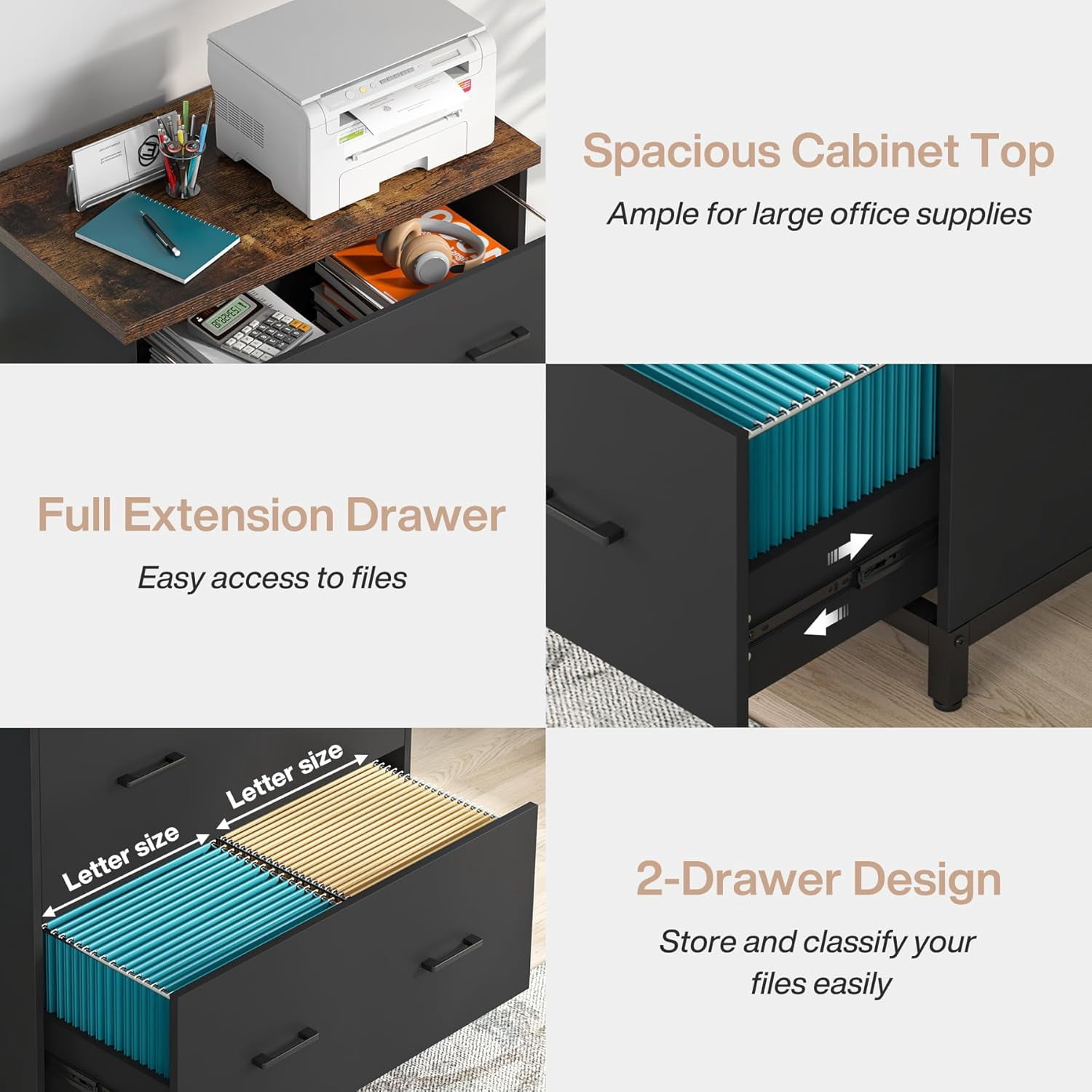 Fnova 2 Drawer Lateral File Cabinet, Filing Cabinet with Hanging Rods for Legal/Letter/A4 Folders, Modern Office Storage Organizer with Printer Stand, Home Office Furniture