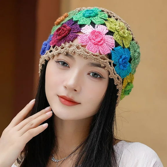 AKEGAMN Vintage Handmade Embroidered Cotton Crochet Floral Hat, Yellow One Size