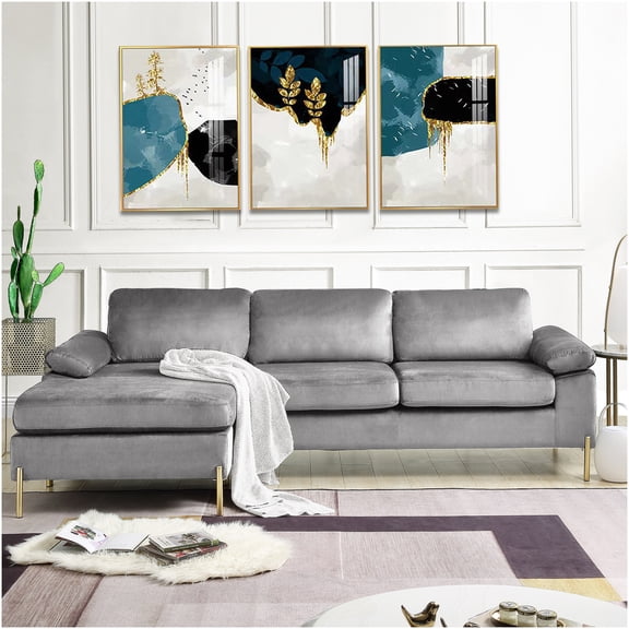 Mid-Century Modern Velvet Sectional Sofa with Chaise in Gray for Cozy Spaces