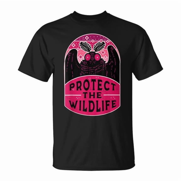 Protect the Wildlife Mothman Graphic Tee Unisex Adult Cotton Shirt for Cryptid Fans, Vintage Style Casual Outfit, Fun Paranormal Gift Idea for Creature Enthusiasts, Size L, Color Black