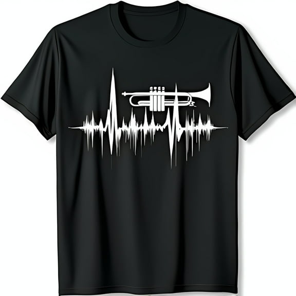 Black T-Shirt with White Trumpet and Heartbeat Graphic Design Music Lover's Tee