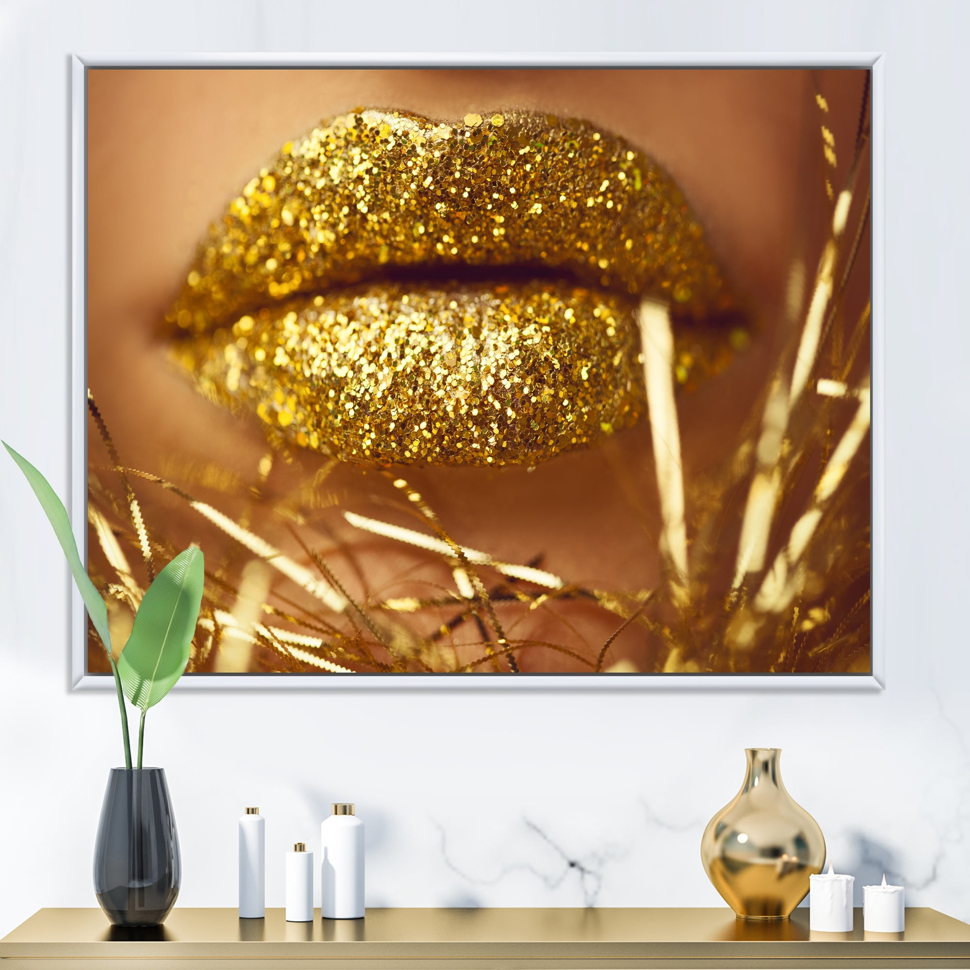 Golden Female Lips 32 in x 24 in Framed Photography Canvas Art Print, by Designart