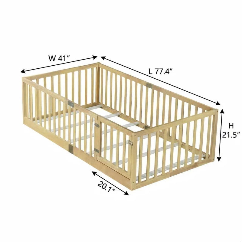 Mirightone Twin Size Floor Bed, Wood Montessori Floor Beds with High Fence Railings, Door & Slats Support, Twin Playhouse Bed Frame, No Box Spring Needed, Natural