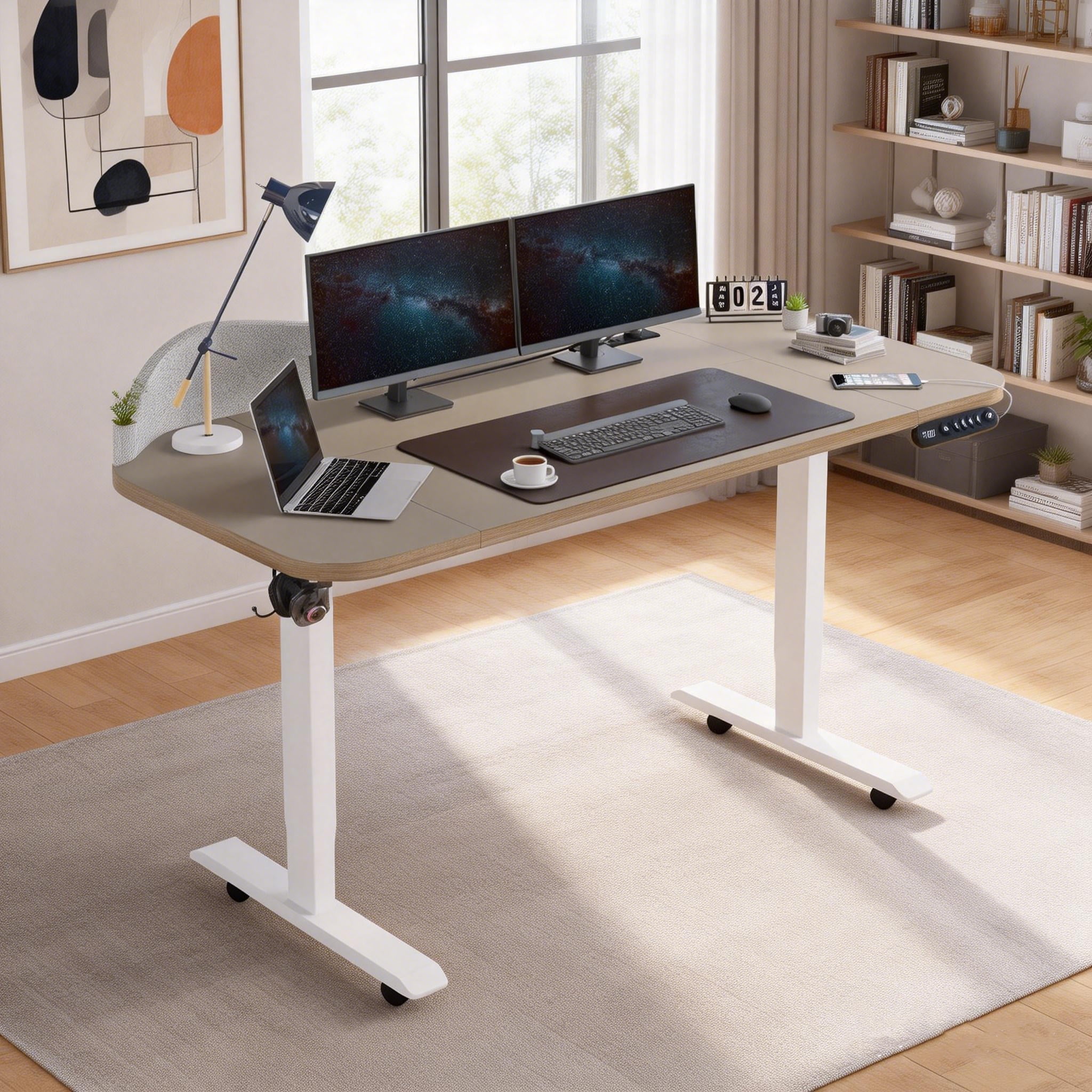 Aukfa 63" Electric Standing Desk, Height Adjustable Sit Stand Desk with Power Strip, Privacy Screen & Memory Controller,Kahaki