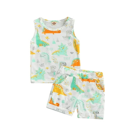 

Suanret Toddler Infant Baby Girls Boys Summer Outfits Sleeveless Round Neck Cartoon Vest + Dinosaur Print Shorts Gray 0-6 Months