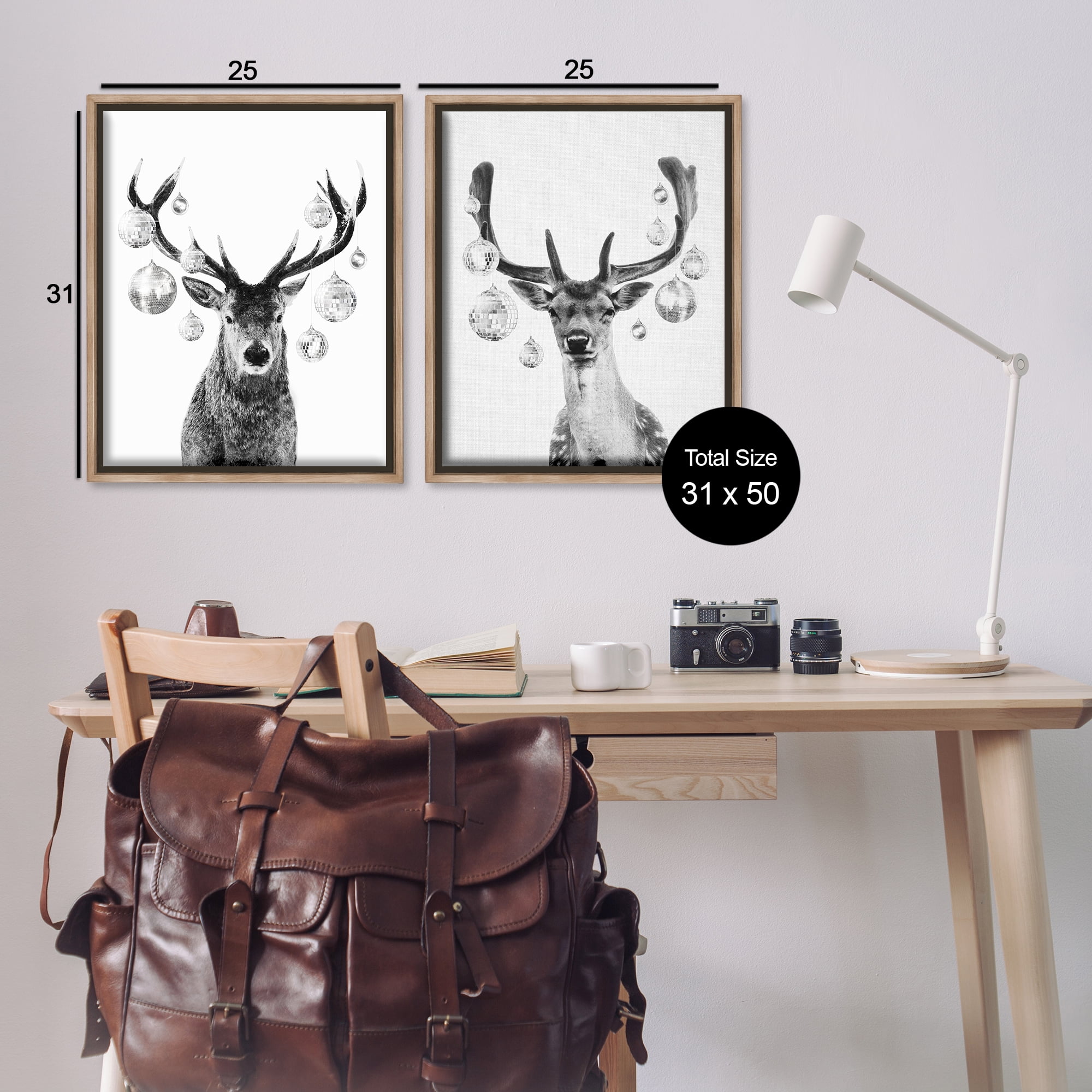 Stupell Industries Black and White Disco Deer Holiday Painting Brown Floater Framed Canvas Art Print Wall Art, 31 x 25, Set of 2