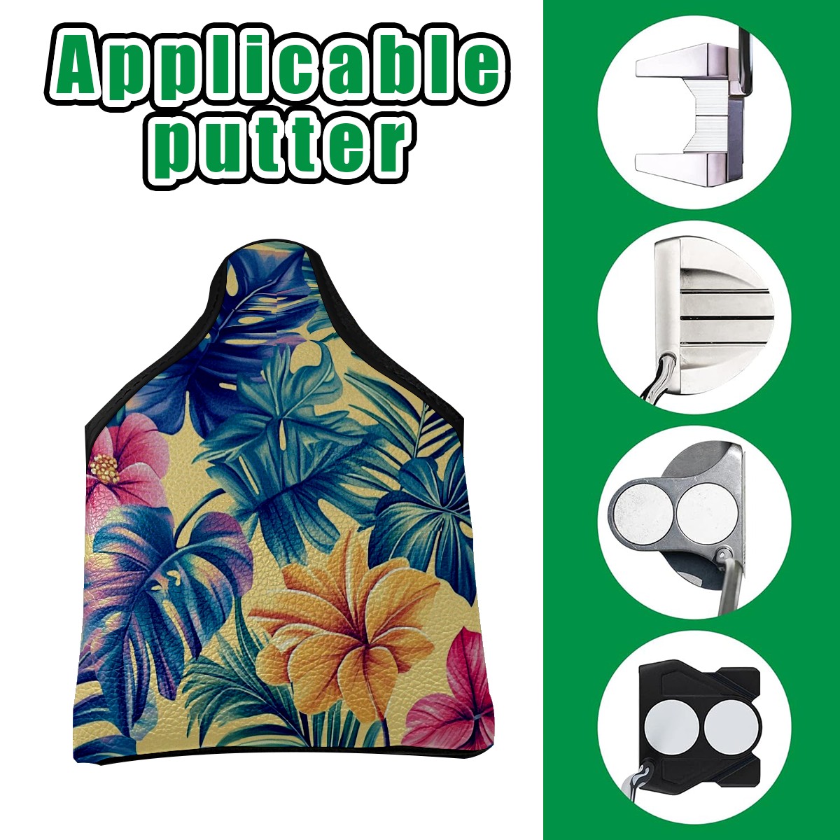 Golf Mallet Putter Cover Premium Leather Waterproof Golf Putter Head Cover with Magnetic Closure Tropical Leaves