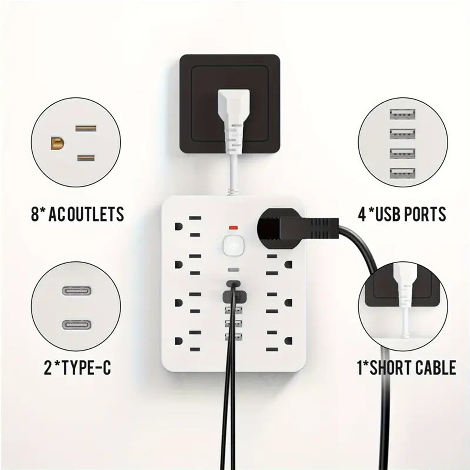 14 in 1 Multi-function Power Strip Surge Protector with 8 Outlets,4 USB and 2 USB C Ports,Extension Cord,Flat Plug,Wall Mount,Overload Protection Desk USB Charging Station for Home,Office(Black)