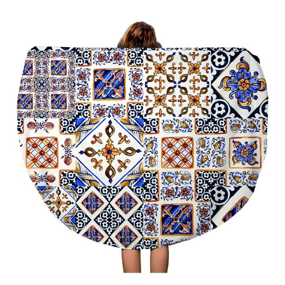 NUDECOR 60 inch Round Beach Towel Blanket Italian Majolica Watercolor on Ceramic Tiles in Blue Brown Travel Circle Circular Towels Mat Tapestry Beach Throw