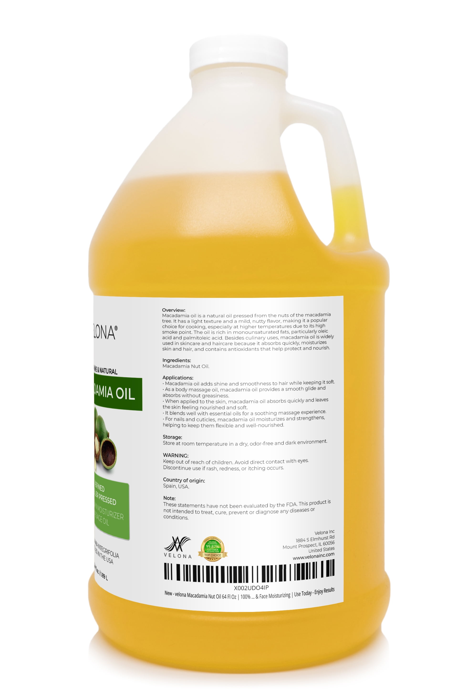 Macadamia Nut Oil by Velona - 64 Fl Oz | 100% Pure and Natural Carrier Oil | Refined | Cooking, Skin, Hair, Body & Face Moisturizing | Use Today - Enjoy Results
