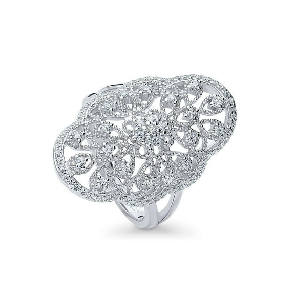 BERRICLE Sterling Silver Flower Cubic Zirconia CZ Statement Navette Cocktail Fashion Ring for Women, Rhodium Plated Size 5.5