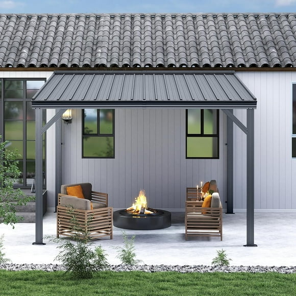 Domi 10x10FT Lean-To Gazebo, Wall-Mounted Hardtop with Galvanized Steel Roof, Aluminum Frame & Drainage System for Deck/Porch/Backyard