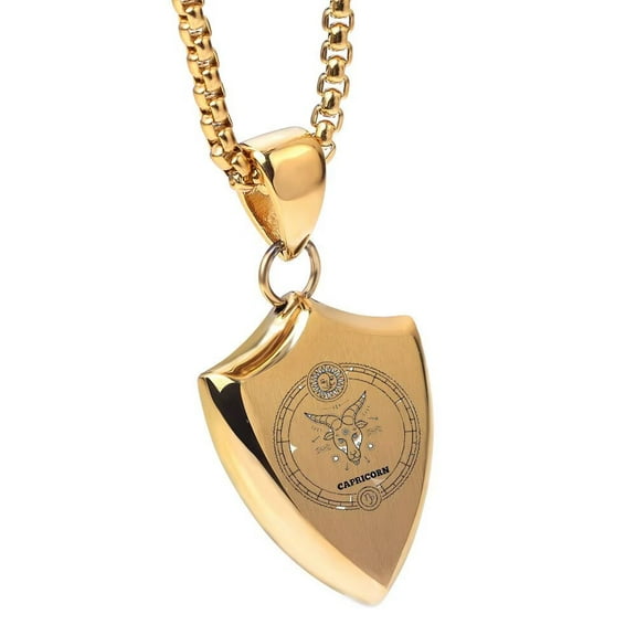 HIJONES Men's Stainless Steel Gold Punk Triangle Shield 12 Zodiac Signs Pendant Constellation Horoscope Star Lucky Necklace Capricorn