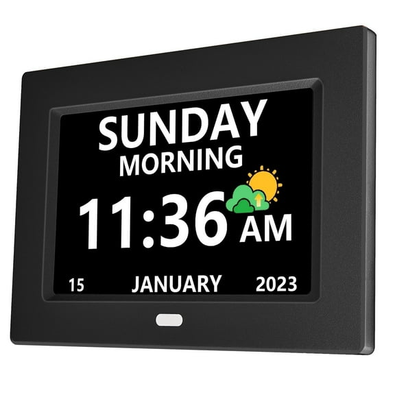 Elderly digital clock 10 inch, large clear numbers, day date display, 5 alarms, 3 medicine reminders, auto brightness, simple setup, perfect for seniors, black