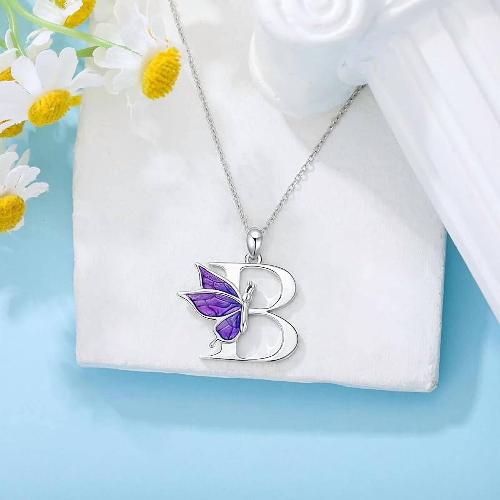 AOBOCO Initial Necklace for Women 925 Sterling Silver Purple Butterfly with A-Z 26 Letters Pendant Necklace for Graduation Gifts