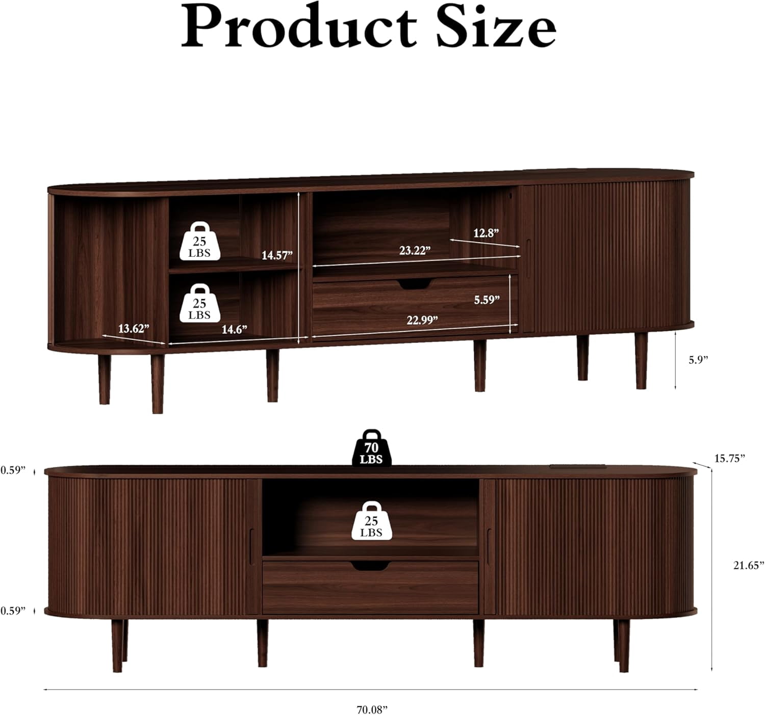 71" Mid-Century Modern Fluted TV Stand with Power Outlet, Sliding Door & Adjustable Shelves, for TVs up to 80 Inches, Walnut