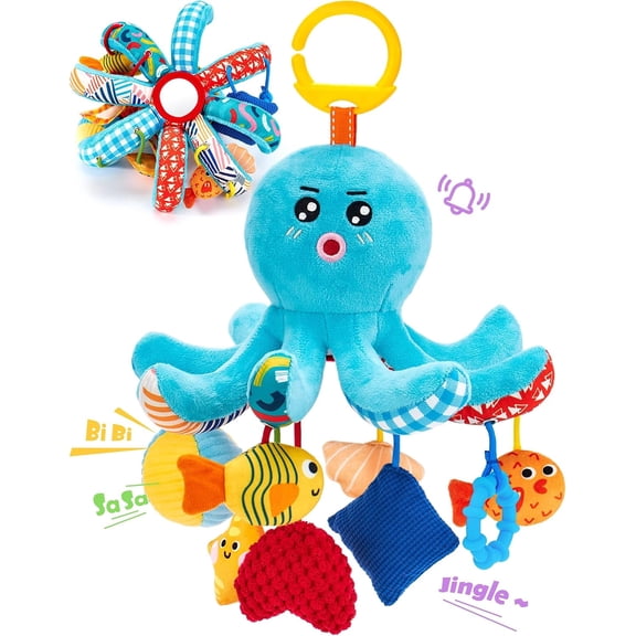 Baby Toys 0-6 Months Car Seat Toy Octopus Plush with Pulling Cords | Infant Hanging Toy for Baby Gym, Stroller, Carseat - 3 4 Month Old Toys for Babies with Squeaky, Crinkle, Rattle, Mirror