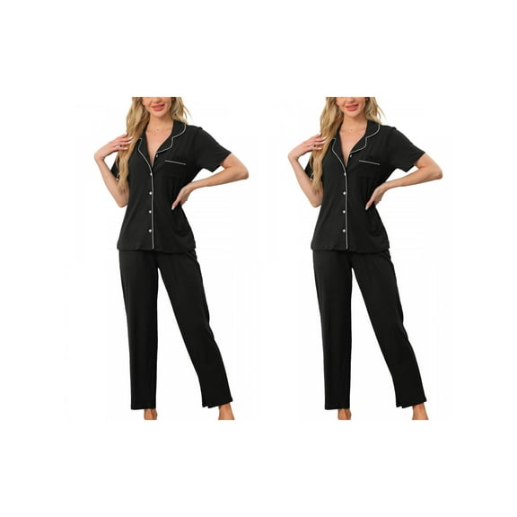 NOMADIC NOOK Women's 2 Pack Pajama Set Button-Up Soft Short-Sleeve Sleepwear Long-Pants Lounge X-Small 2 Packs Black