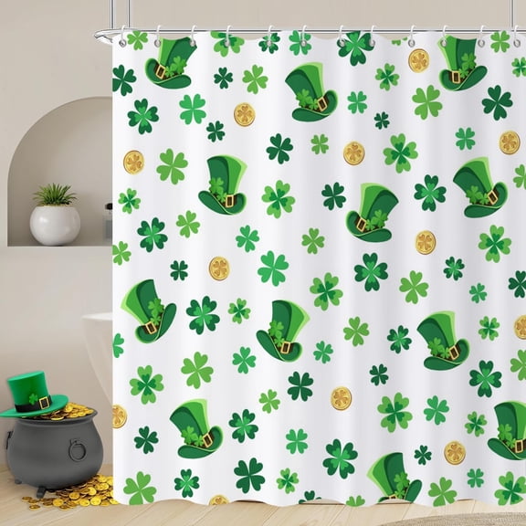 St. Patricks Day Shower Curtain, Green Clover Shamrock Irish St Patrick''s Day Spring Bathroom Curtain Waterproof Fabric Machine Washable with Hooks, 72" Wx72 L