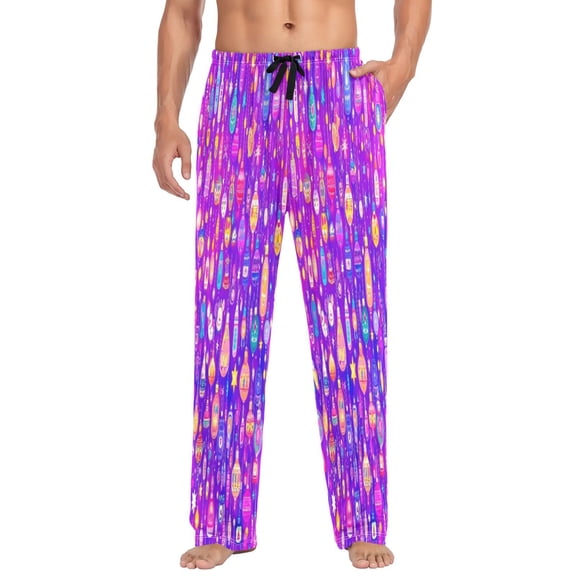 Neon Lanterns Pattern Mens Cotton Pajama Pants Long Staple Lightweight Sleep Bottoms with Pockets Breathable