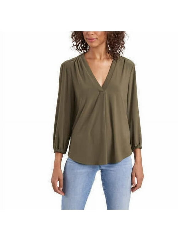 Two by Vince Camuto Women's V-Neck Long Sleeve Top (Olympia Green, Small)