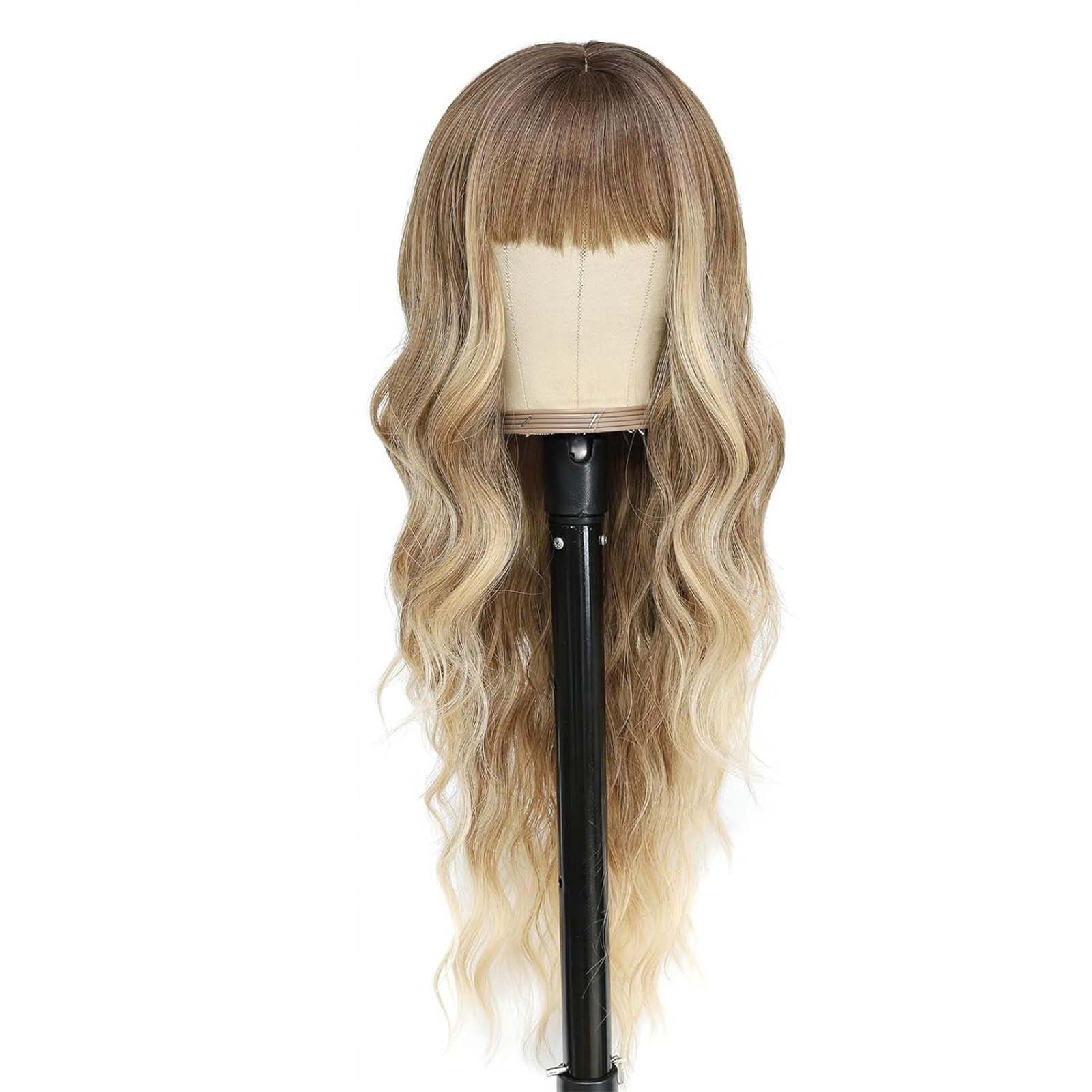 Long Wavy Wig with Bangs for Women, Brown Highlight Synthetic Wig with Dark Roots, Heat Resistant Wigs for Daily Party Use(Gold,One Size)