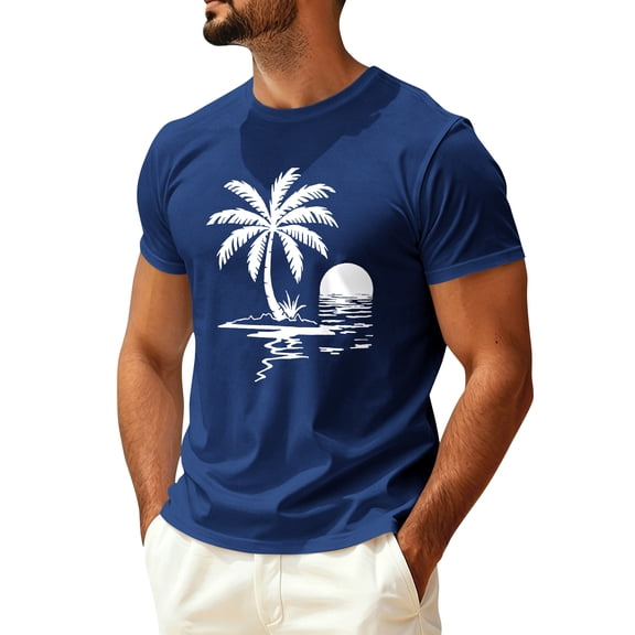 Sewkxo Mens Hawaiian Short Sleeve T-Shirts Graphic Crew Neck Casual Shirt Summer Beach Palm Tree Printed Vintage Tees,Navy M