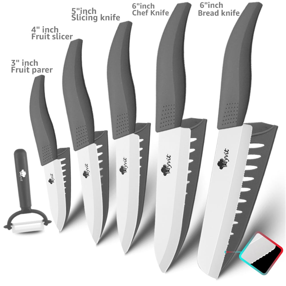 11-Piece Kitchen Knives Set with Peeler, Ceramic Knife 6-inch Serrated Bread Knife,6-inch Chef Knife, 5inch Utility Knife,4-inch Paring Knife and 3-inch Peeling Tool