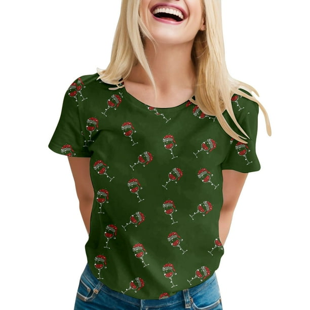 Gibobby Camisa navideña mujer Camiseta de manga corta con cuello redondo y estampado de Navidad para mujer(Verde,G)