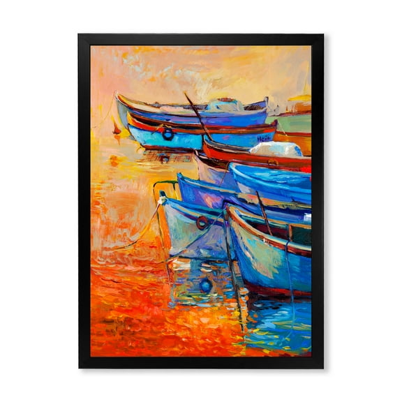 Boats During Warm Sunset Resting On The Water VIII 30 in x 40 in Framed Painting Canvas Art Print, by Designart