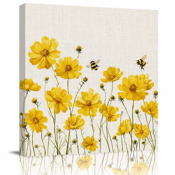 Wall Art Prints, Yellow Floral Bee Framed Canvas Prints for Bedroom Living Room Bathroom Office, Summer Watercolor Botanical Flower Gallery Wrap Wall Art Poster for Gifts Home Decor 16"x16"