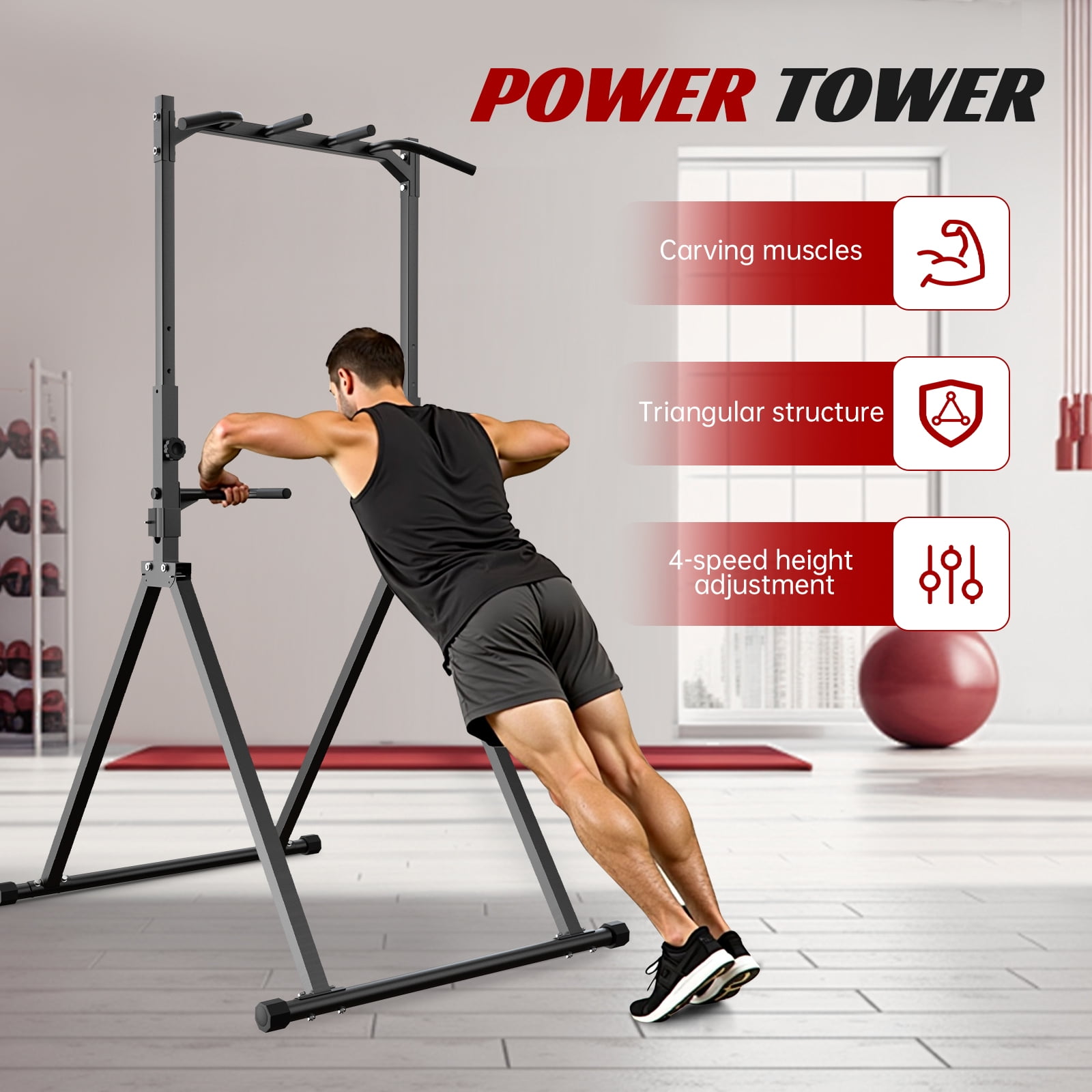 Primy 350lbs Foldable Pull Up Station, Pull Up Bar for Home Gym Workout, Free-Standing Dip Station Power Tower Strength Training Fitness Equipment