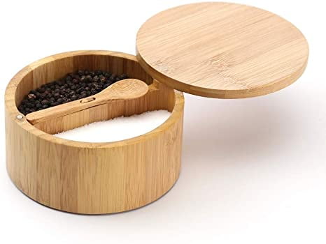 KITCHENDAO 100% Natural Bamboo Salt & Pepper Box with Built-in Serving Spoon, 7 oz Capacity Each Compartment