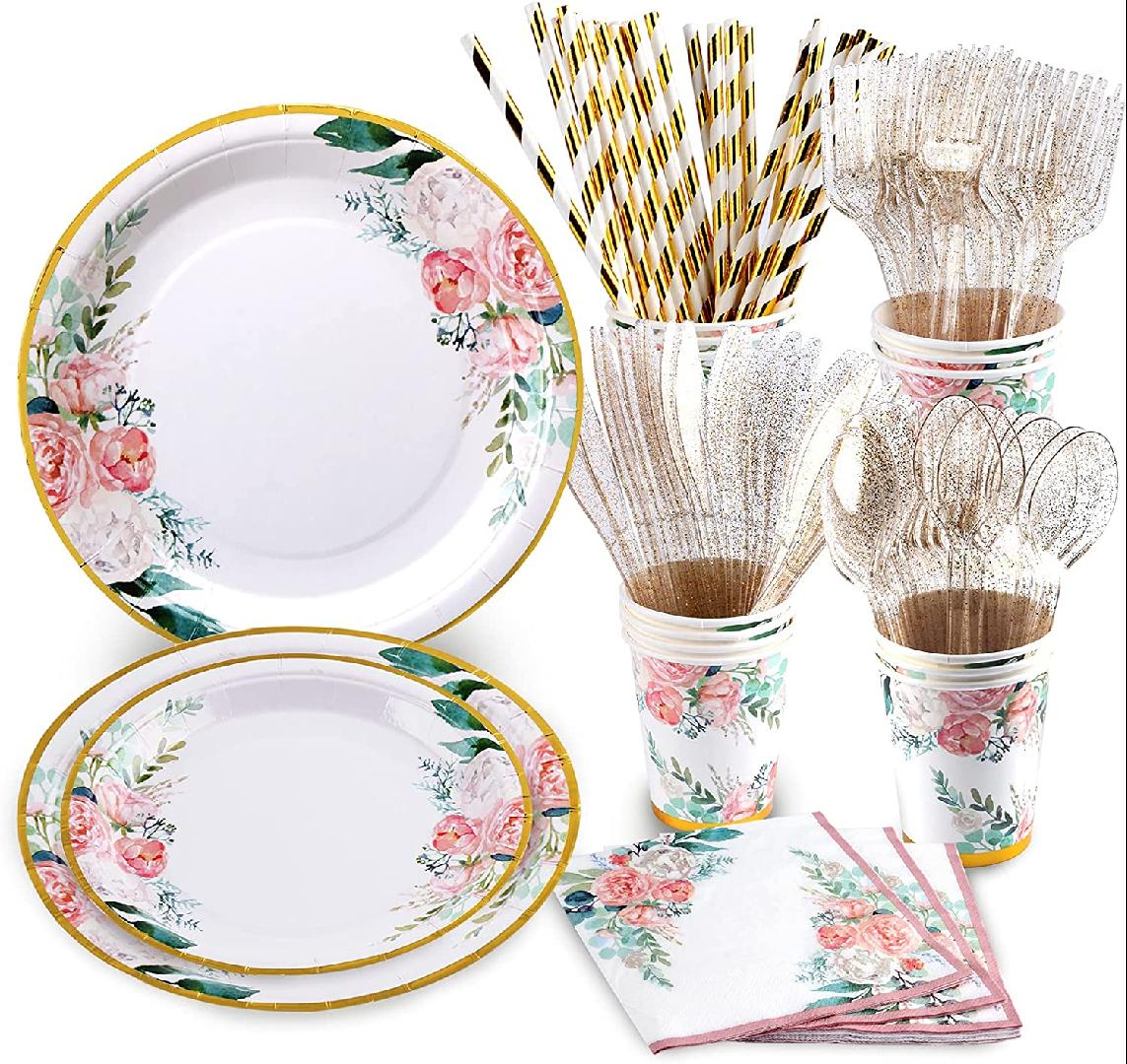 Floral Party Supplies, Bridal Shower Plates Serves 16, Floral Plates