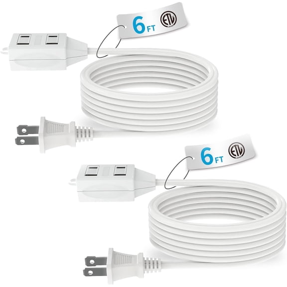 Indoor Extension Cord, 2 Prong 6 Feet Extension Cord, 3 Polarized Outlets with Safety Slide Windows,13A/1625W, 16 AWG, 2 Packs