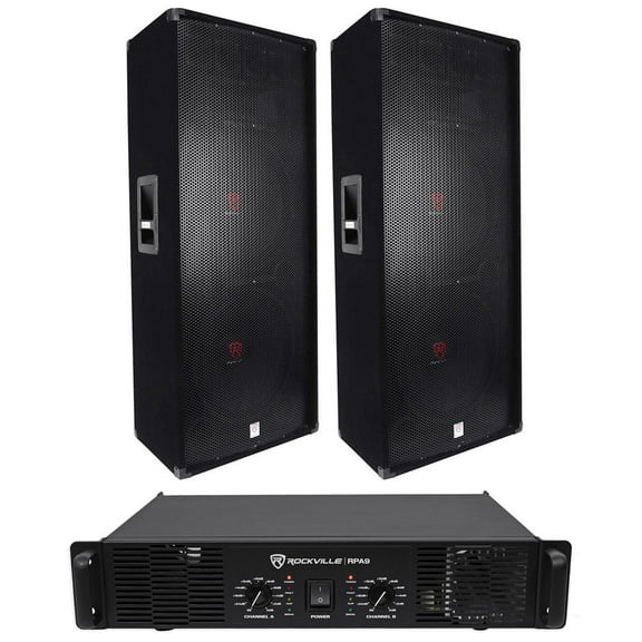 (2) Rockville RSG15.28 Dual 15” PA Speakers   Rockville RPA9 Power Amplifier Amp
