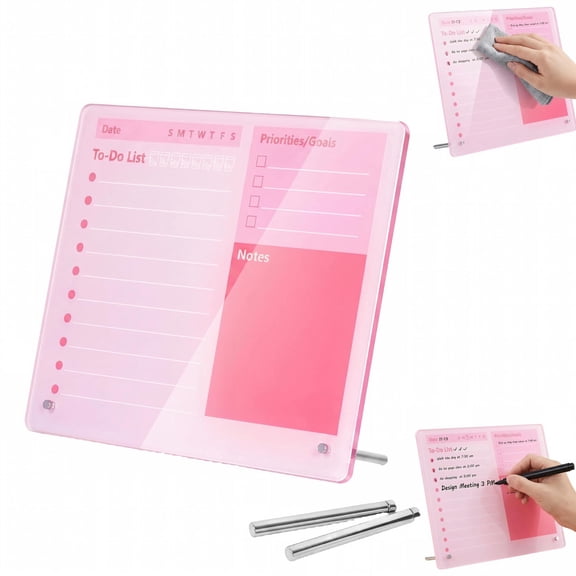 Thickened Acrylic Dry Erase Board, 12"x10" To Do List Planner Board, Tabletop Whiteboard with Stand, Frameless Desktop Schedule Board for Office Home School Kitchen Fridge (Pink)
