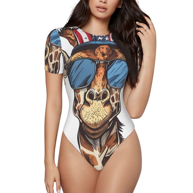 Saiise Pyjama à Motif Girafe Américaine pour Femmes, Manches Courtes, Col Rond, Justaucorps Extensible avec Fermeture à Pression-TTG