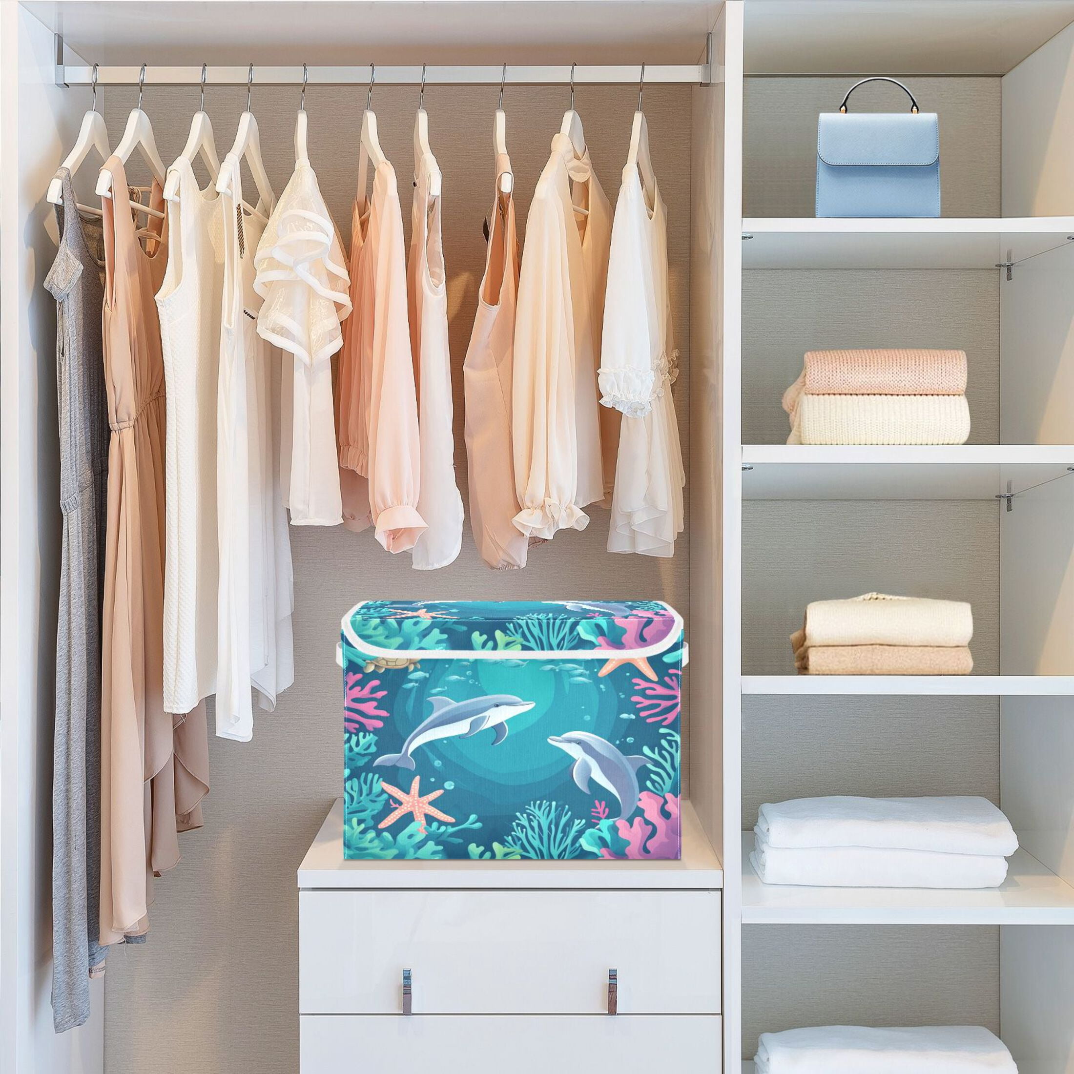 WOBOGO Dolphin Playful Picture Large Collapsible Storage Box Flip Lid Fabric Decorative Organizer Container Basket with Handles 16.5×12.6×11.8in