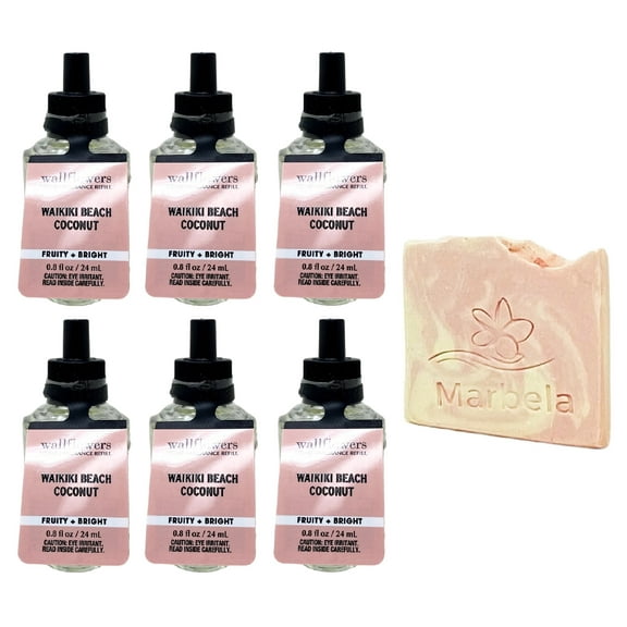 Bath & Body Works Waikiki Beach Coconut Set of 6 Wallflowers Home Fragrance Refill Bulbs with a Marbela Himalayan Salts Springs Sample Soap