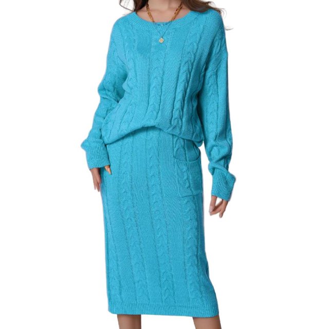 Unique Bargains Ensemble Décontracté Automne Hiver pour Femmes Pull Col Rond Deux Pièces Jupes Midi avec Poches Ensemble de Détente Bleu L