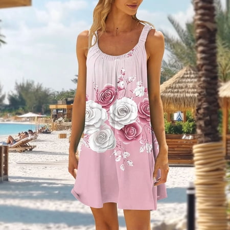 Mifsaly Slip Dress for Women Floral Print Sleeveless Dresses Flowy Beach Vacation Summer Sundresses S