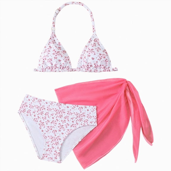 Ymyiu Girls Bathing Suits Girl's 3 Piece Swimsuits Textured Bathing Suit with Cover Up Skirt Size 8-9 Years (Light Pink,8-9 Years)