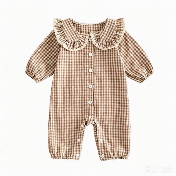 Xyant Baby Girl Fall Clothes Long Sleeve Romper Peter Pan Collar Jumpsuit Infant Newborn Outfits Gingham Outfit (Khaki,9-12 Months)