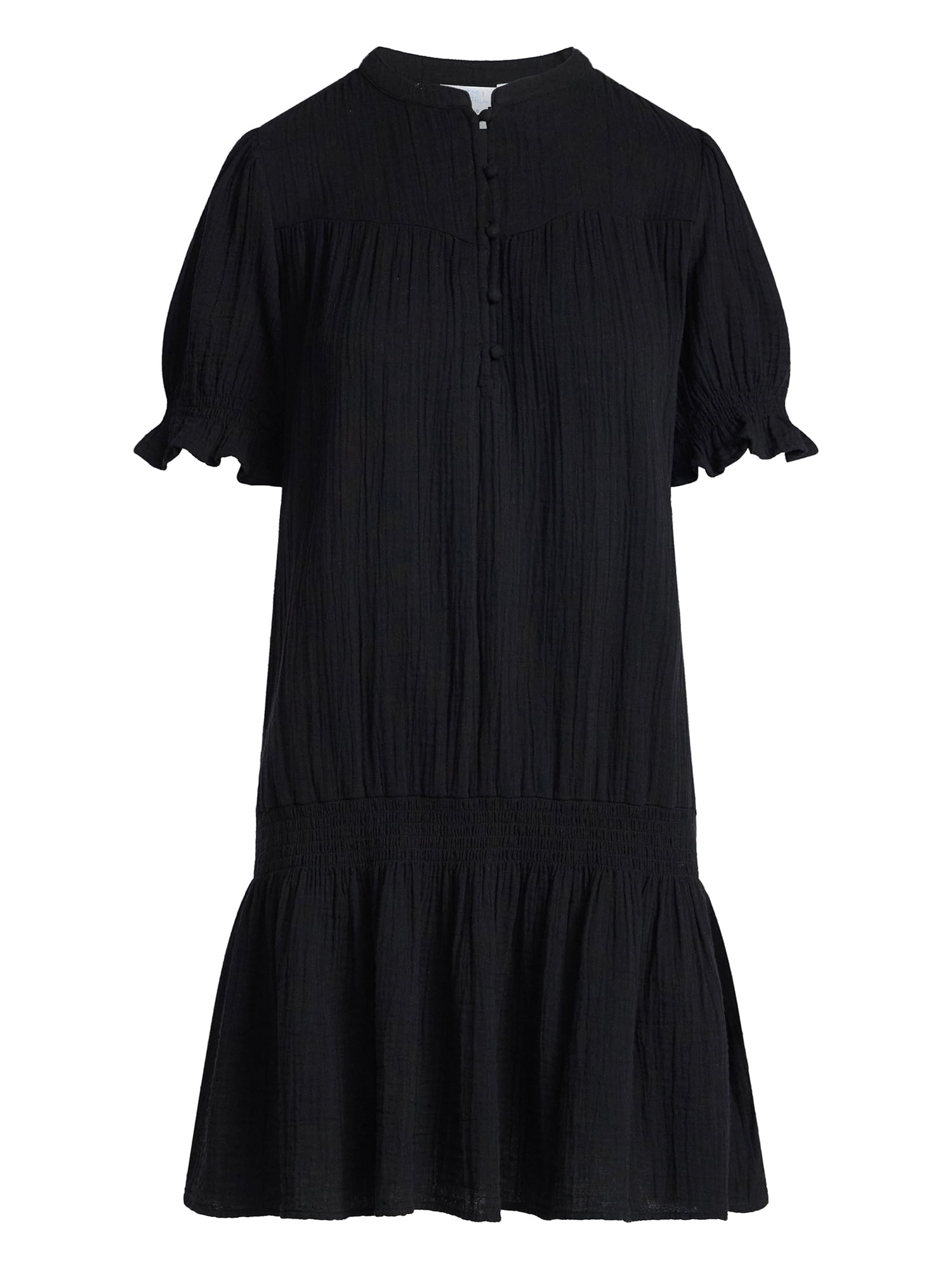 Time and Tru Women's Cotton Double Cloth Drop Waist Mini Dress with Puff Sleeves, Sizes XS-XXXL