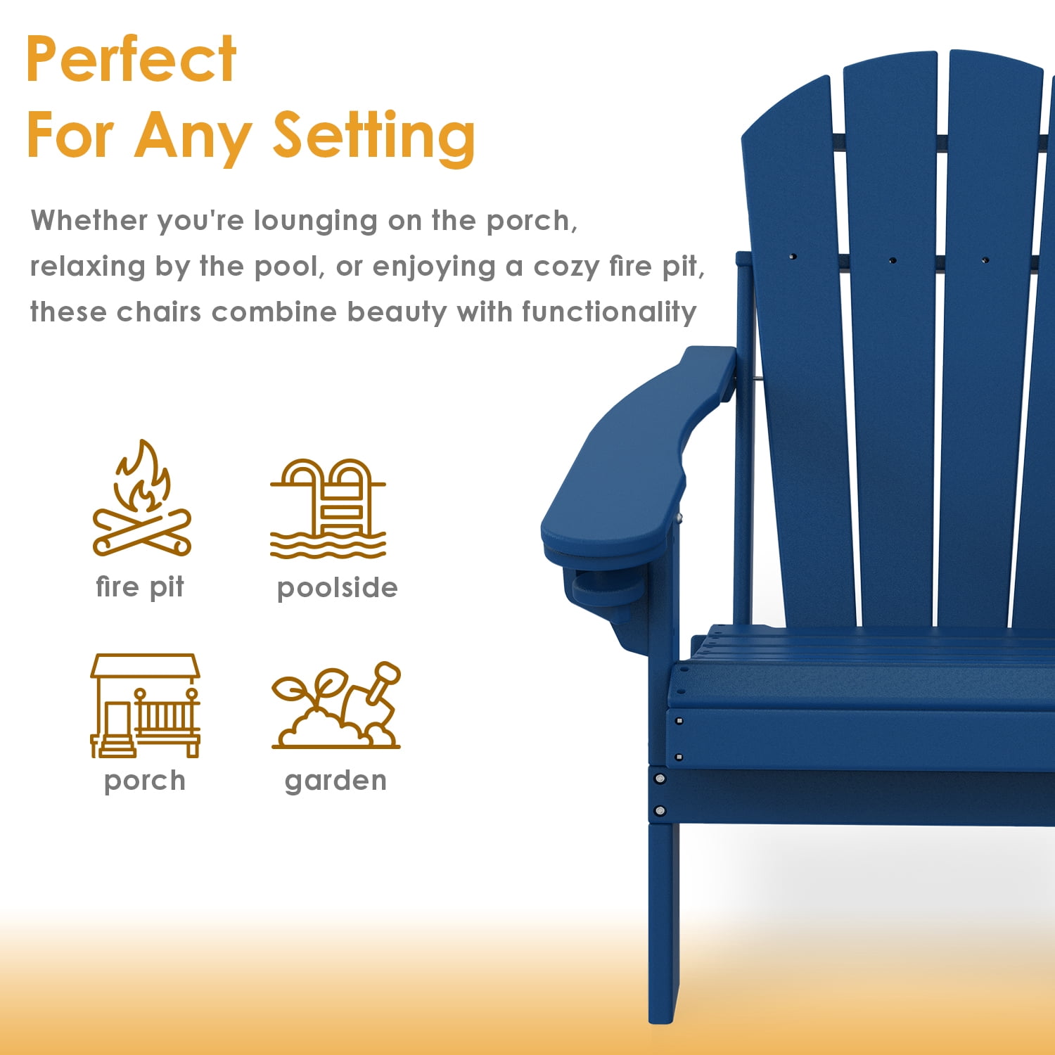Pipopa Outdoor Folding HDPE Adirondack Chair Set of 2 with Cup Holder,All-Weather Patio Chair for Garden,Backyard,Pool,Blue