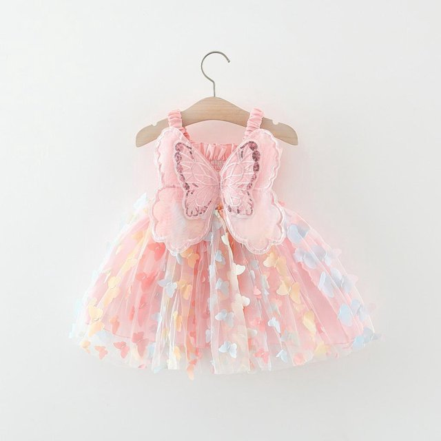 Verano Nuevo Vestido Rosa Bebé Niña Dulce Mariposa Sling De Boda Fiesta Ropa Infantil (0-3 Años)